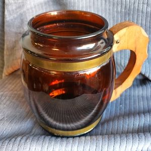 Vintage Siesta Ware LARGE amber brown glass barrel jug with metal/wood handle